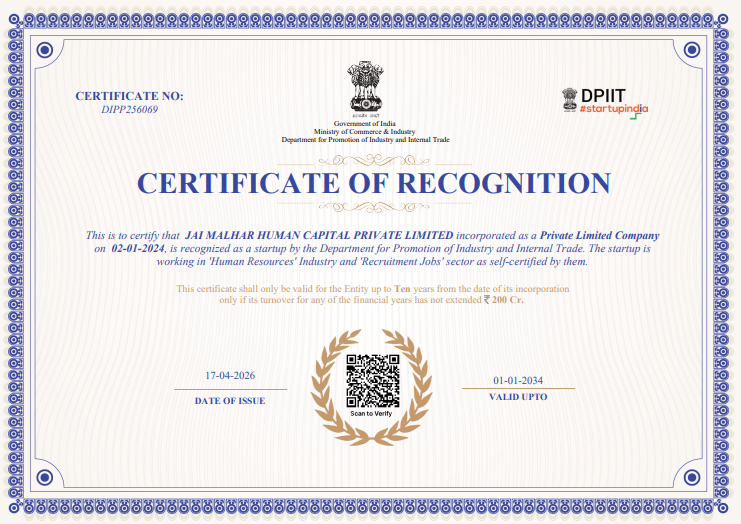 DPIIT Certificate of Recognition - Jai Malhar Human Capital Pvt. Ltd.